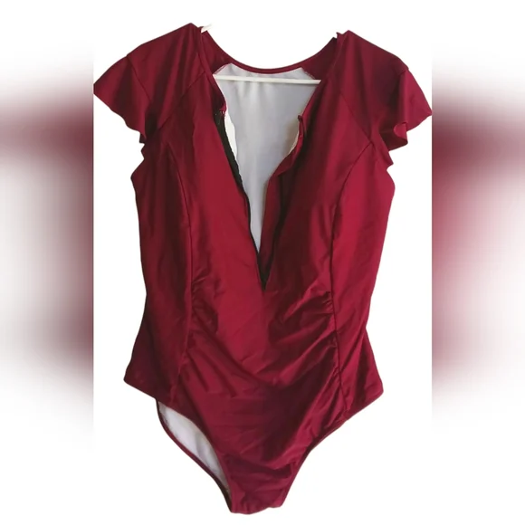 Women's Burgundy One Piece Tummy Control Zip Up Patted Swimsuit-Size 20W- NWOT - Picture 3 of 4